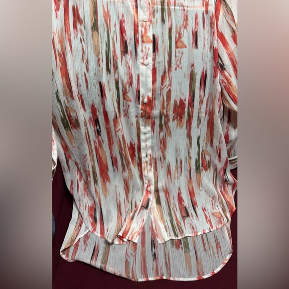 DKNY Women’s Sheer Abstract Chiffon Red and White Patterned Shirt Size L - Picture 9 of 9